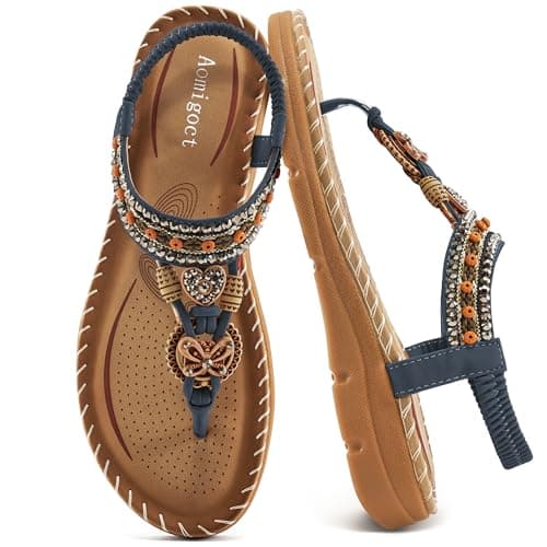 Aomigoct Women's Summer Bohemian Flat Sandals Comfortable Ankle Strap