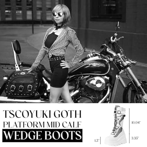 Tscoyuki Womens Goth Platform Boots Chunky Wedge Heel Rave Combat Boots Lace Up and Zipper Round Toe Mid Calf Boot for Concert Festival Style Trends