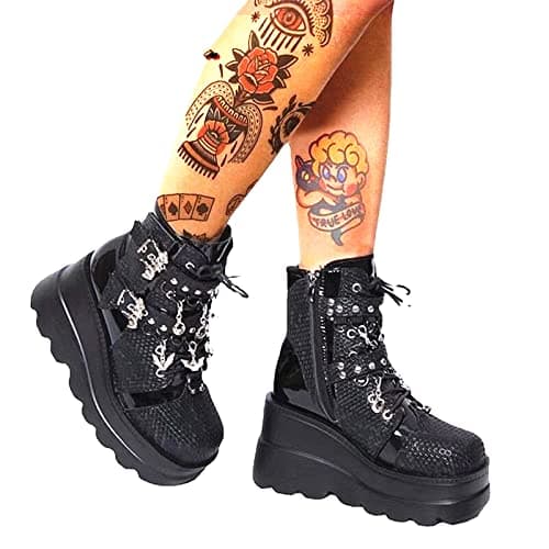 Gothniero Women's Black Holographic Combat Ankle Boots with Chunky Heel and Side Zip (US 5.5-11)