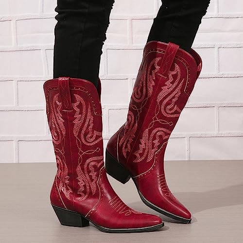 SelRoys Women's Cowboy Mid Calf Western Boots Brown Red Black