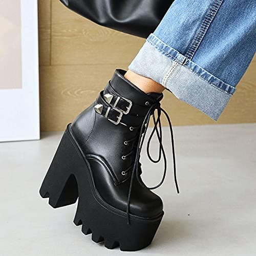 Mikarka Goth Ankle Boots for Women Block High Heel Lace up Studded Platform Combat Boots Motorcycle Booties - Stylish & Comfortable Heels for Night Out and Work