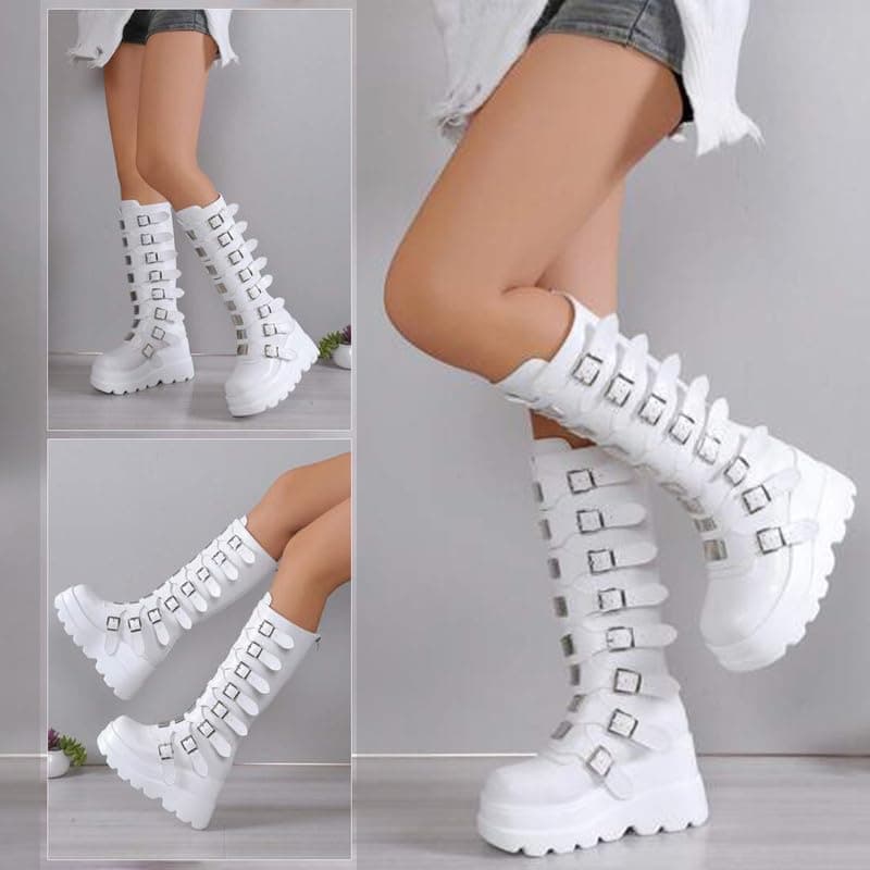 Women's Square Toe Wedge Goth Knee High Boots