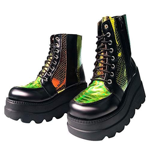 Chunky Platform Combat Boots, Square Toe Zip Heel Ankle Boot for Women