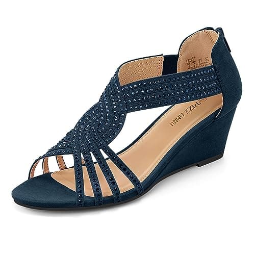 PIZZ ANNU Women's Sparkly Rhinestone Open-Toe Low Wedge Sandals for Bridal Dance Evening