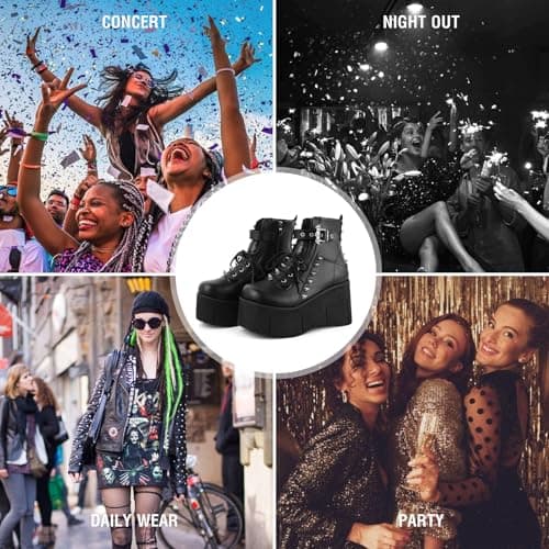 Tscoyuki Chunky Heel Platform Combat Boots for Women Gothic Raves