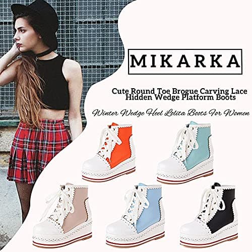 Mikarka Women's Cosplay Cute Platform Lolita Boots Round Toe Lace Up Bow Lapel Brogue Sneakers Hidden Wedge Ankle Boots for Casual Parties and Costumes