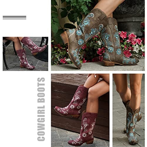 IUV Women's Mid Calf Cowboy Boots with Embroidery and Pull-On Tabs