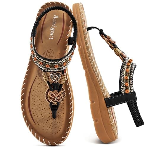 Aomigoct Women's Summer Bohemian Flat Sandals Comfortable Ankle Strap