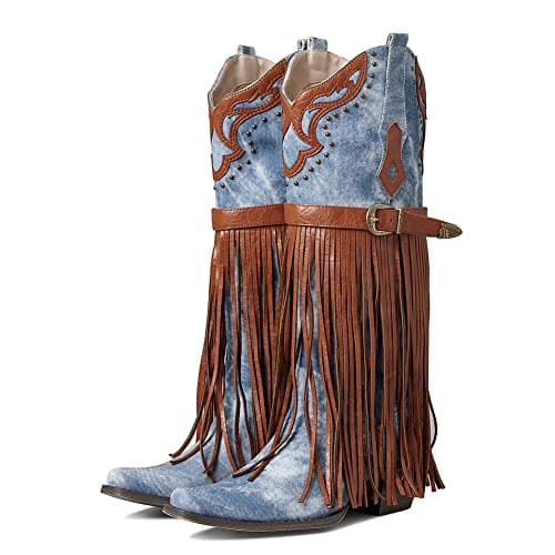 SaraIris Women's Fashion Pointed Toechunky Heel Embroidered Fringe Mid Calf Booties