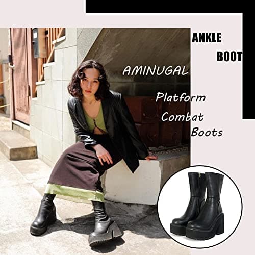 AMINUGAL Women's Chunky Wedge Heel Ankle Boots with Zipper - Fashionable Mid Calf Combat Booties