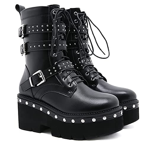 Rui Yue Women's Chunky Ankle Zipper Combat Boots