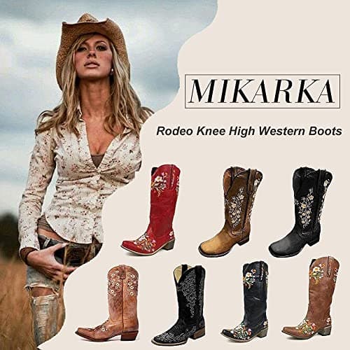 Mikarka Women's Retro Floral Embroidered Western Cowboy Mid-Calf Boots