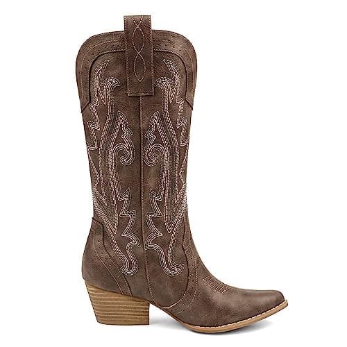 Zzheels Women's Mid-calf Embroidered Cowboy Boots Chunky Heels