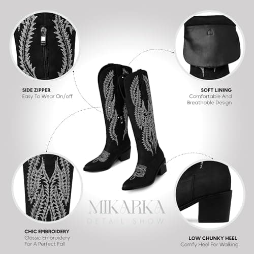 Mikarka Women's Cowboy Boots - Knee-High Western Boots with Zipper and Embroidery