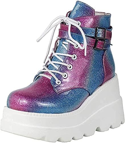 Refined and simplified title: Holographic Lace-Up Ankle Boots with Studded Buckle Detail for Women