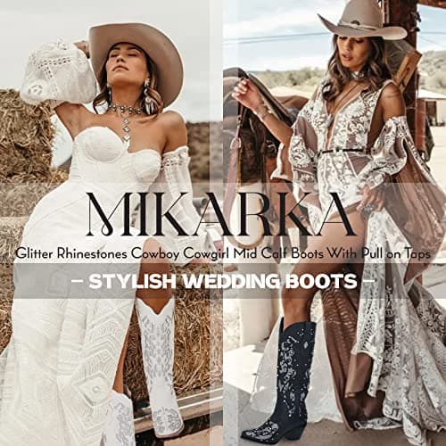 Glitter Cowboy Boots for Women Mid-Heeled Cowgirl Boots