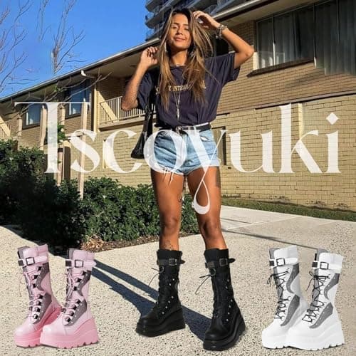 Tscoyuki Womens Goth Platform Boots Chunky Wedge Heel Rave Combat Boots Lace Up and Zipper Round Toe Mid Calf Boot for Concert Festival Style Trends