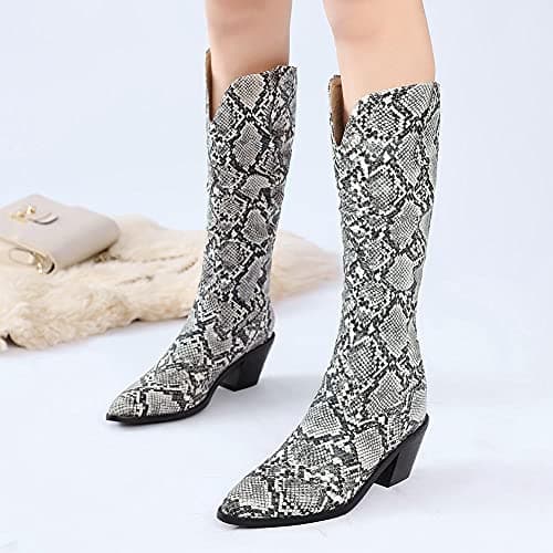 Stylish Women's Snake Print Cowboy Boots with Block Heel