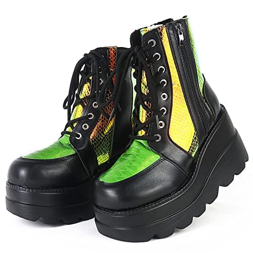 Refined and simplified title: Holographic Lace-Up Ankle Boots with Studded Buckle Detail for Women