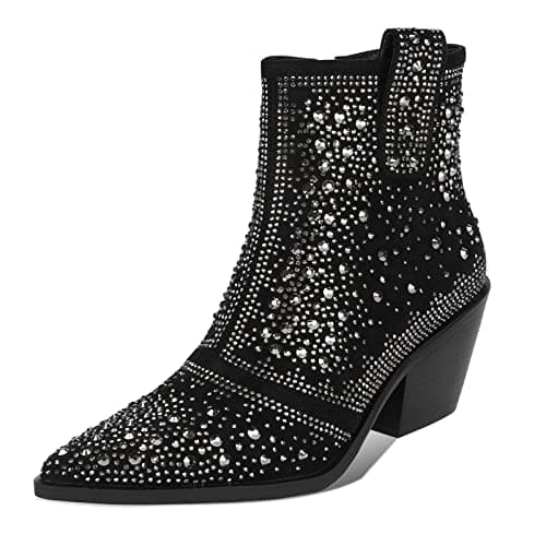 Sparkly Rhinestone Cowboy Ankle Boots with Pointed Toe and Chunky Heel by ISNOM