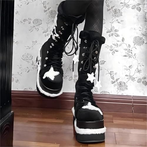 GURURU Warm Fur Punk Goth Mid Calf Boot with Star Heel