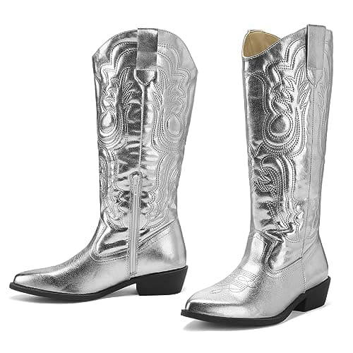 Mysoft Women's Cowboy Boots - Embroidered Knee High Pointed Toe Heel