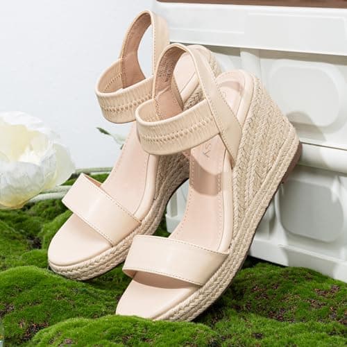 Jeossy Women's Comfortable Black Espadrille Wedge Sandals with Elastic Ankle Strap