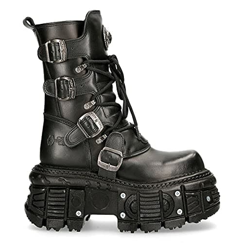 New Rock Black Leather Unisex Combat Platform Biker Goth Shoes Tank373-S1