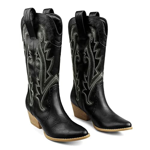 Zzheels Women's Mid-calf Embroidered Cowboy Boots Chunky Heels