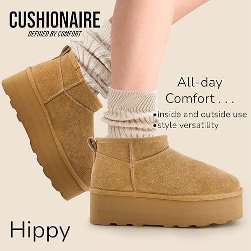 CUSHIONAIRE Hippy Women’s Cozy Suede Platform Ankle Boots with Faux Fur Lining - Comfortable Slip-Ons in Wide Widths