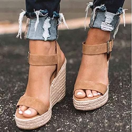 SUMOJIU Women's Open Toe Wedge Sandals, Ankle Strap Summer Casual Straw Woven