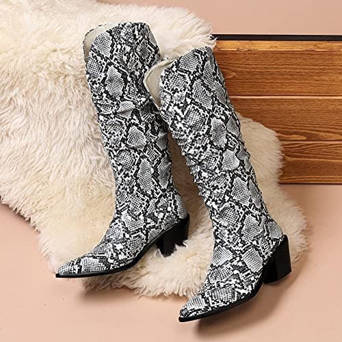 Stylish Women's Snake Print Cowboy Boots with Block Heel