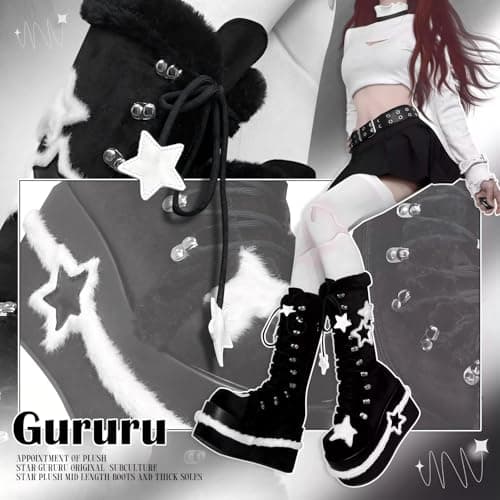 GURURU Warm Fur Punk Goth Mid Calf Boot with Star Heel