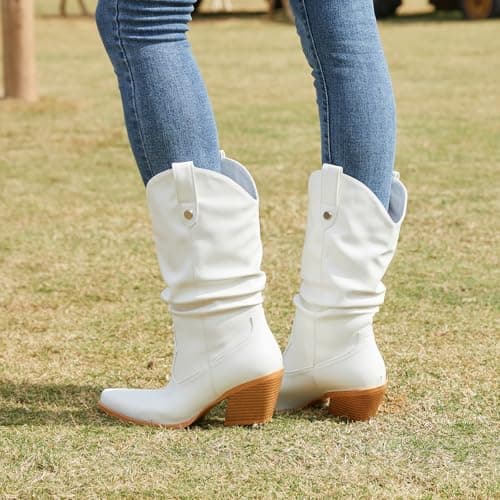 MISSMILLER Women's Embroidered Cowboy Boots with Chunky Heel Mid Calf