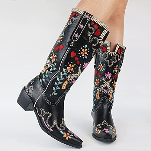 Erocalli Women's Western Mid Heel Embroidered Claf Boot