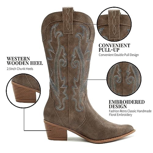 Athlefit Women's Western Embroidered Cowgirl Boots with Chunky Heel