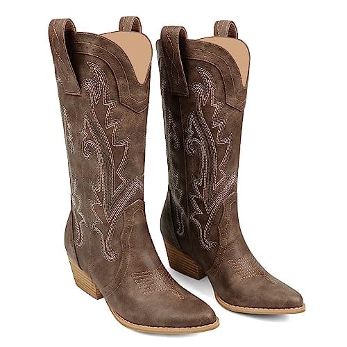 Zzheels Women's Mid-calf Embroidered Cowboy Boots Chunky Heels