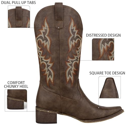 MISSMILLER Women's Embroidered Mid-Calf Cowboy Boot Heels