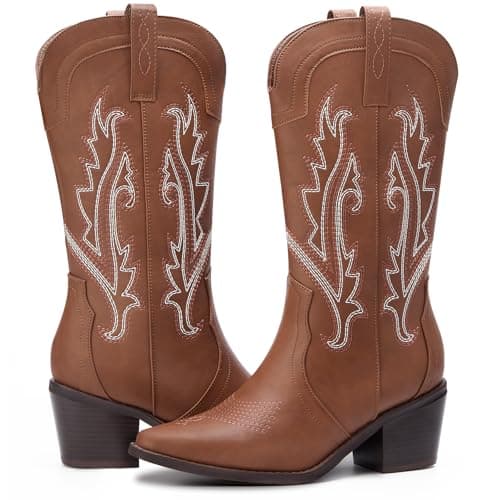 Solestique Women's Cowboy Boots: Embroidered Mid-Calf Heeled Cowgirl Style