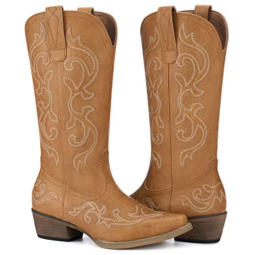 HISEA Chunky Heel Cowgirl Boots for Women Mid-Calf Style