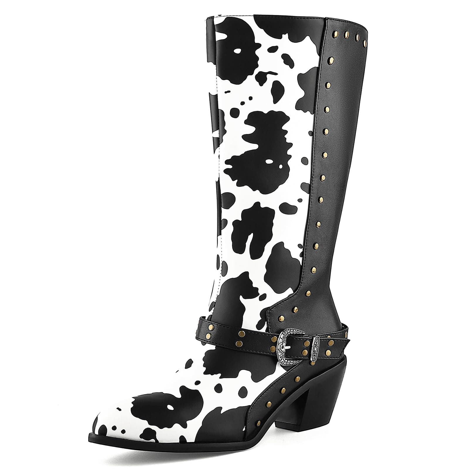 Cozivwaiy Women's Studded Cow Print Mid Calf Buckle Boots Chunky Heel Zipper
