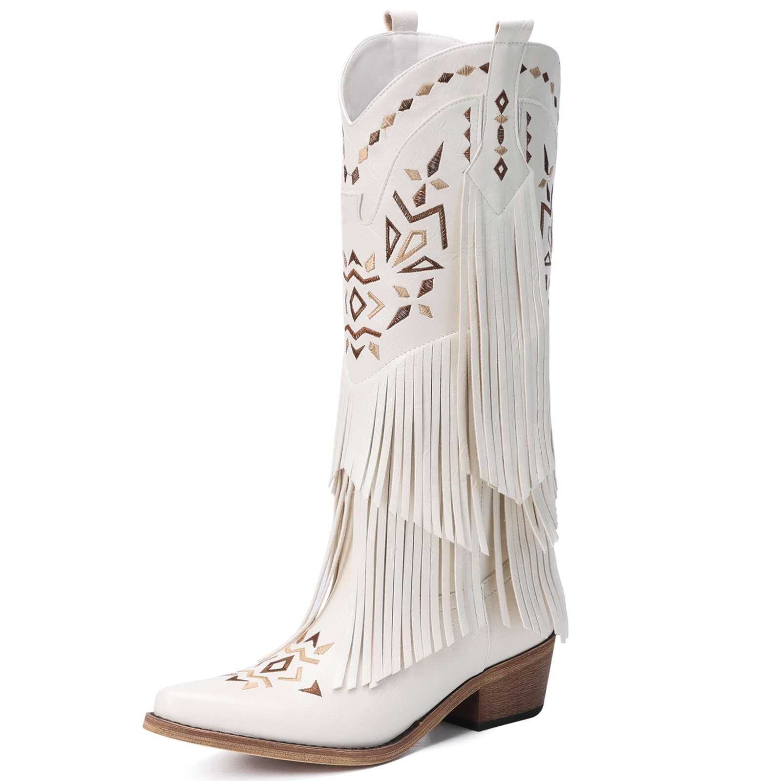 Bybmorto Women's Fringe Knee High Cowboy Boots with Classic Embroidery