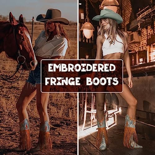 SaraIris Women's Fashion Pointed Toechunky Heel Embroidered Fringe Mid Calf Booties