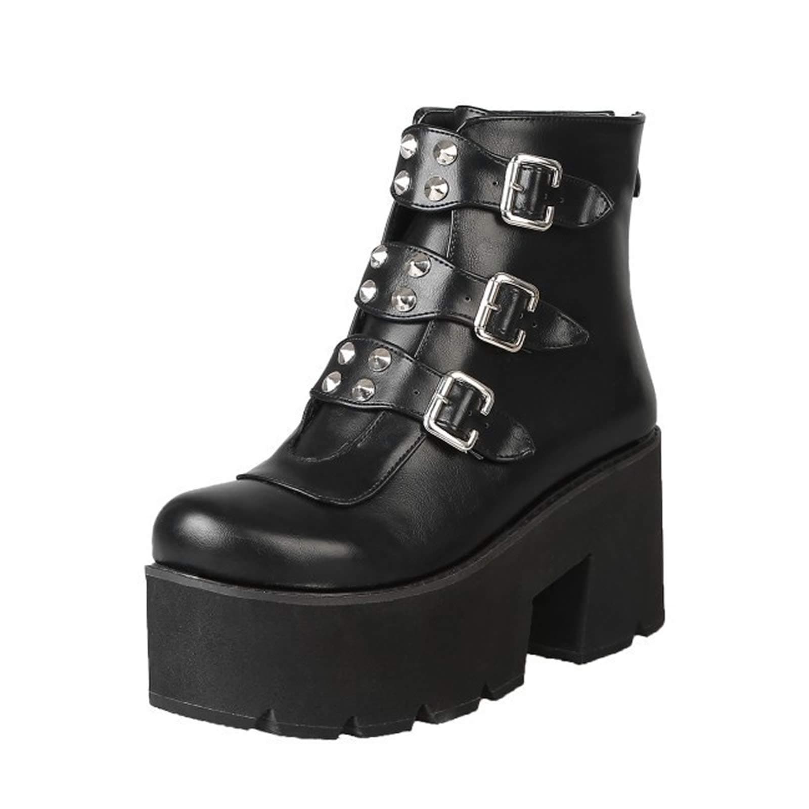 YIYA Women's Black Gothic Platform Ankle Boots with Bat Wing Buckles