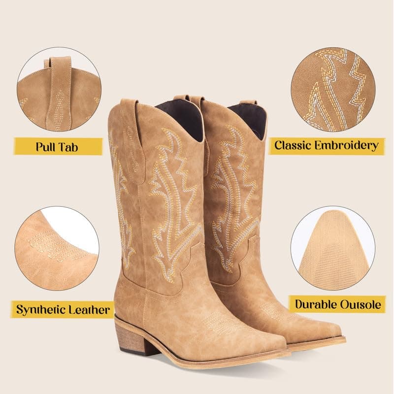 RURUNA Women's Black Mid-Calf Square Toe Cowboy Boots