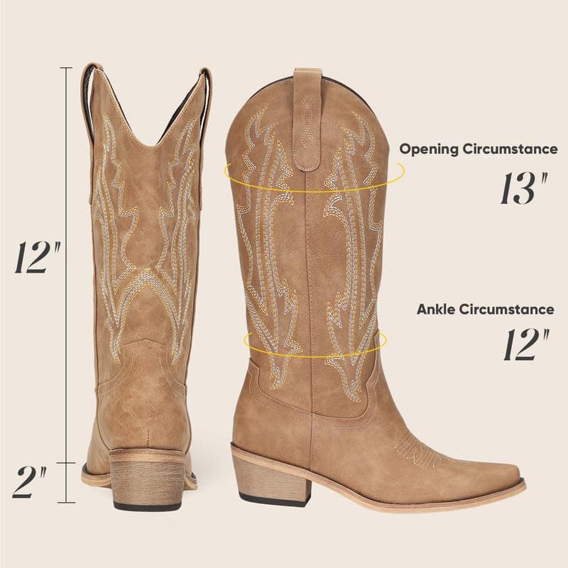 RURUNA Women's Black Mid-Calf Square Toe Cowboy Boots