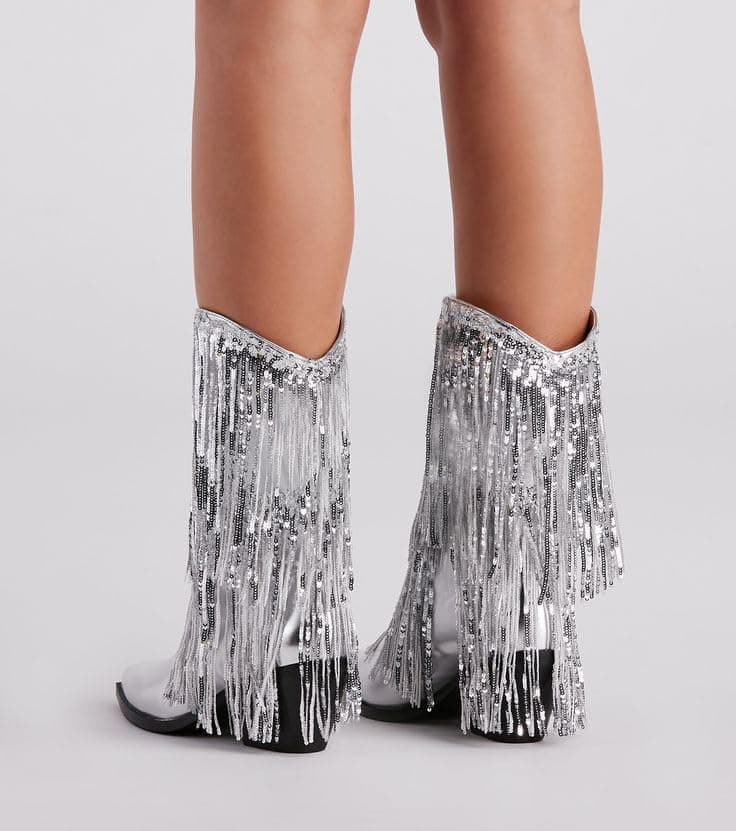 BIUBAKUA Women's Metallic Cowboy Boots with Tassels