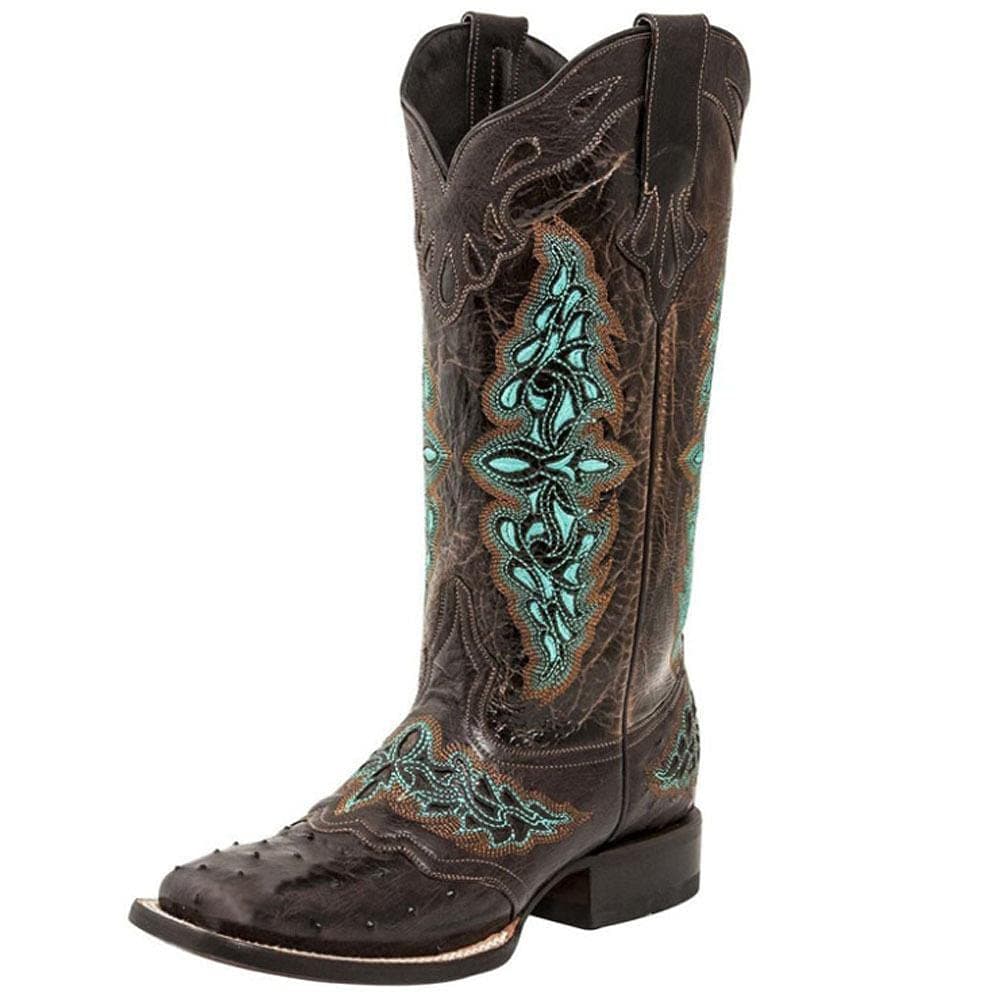 Cowboy Boots for Women: Low Chunky Heel Embroidered Mid Calf Boots