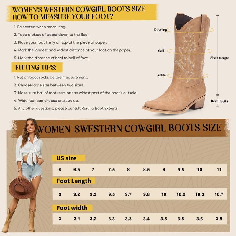 RURUNA Women's Black Mid-Calf Square Toe Cowboy Boots