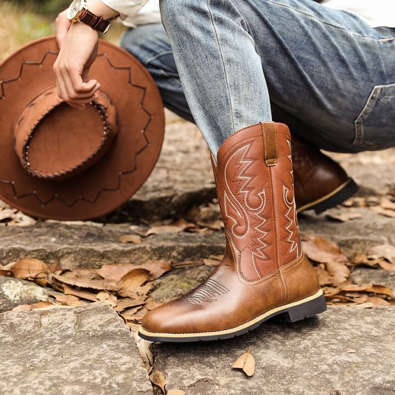 LISHAN Men's Western Cowboy Mid Calf Boots with Embroidery